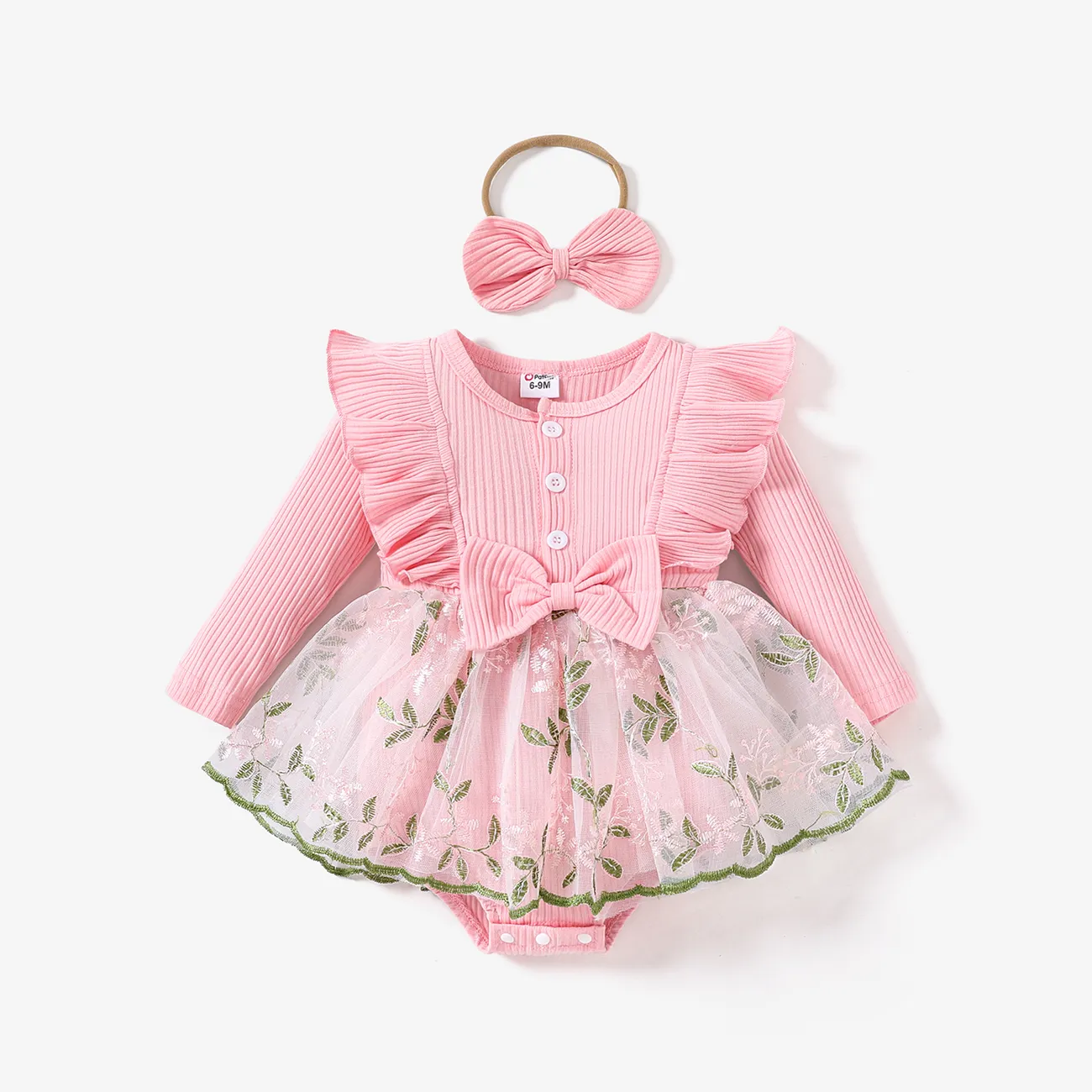 2pcs Baby Girl Sweet Fabric Stitching Long Sleeve Mesh Rompers Set Pink big image 1