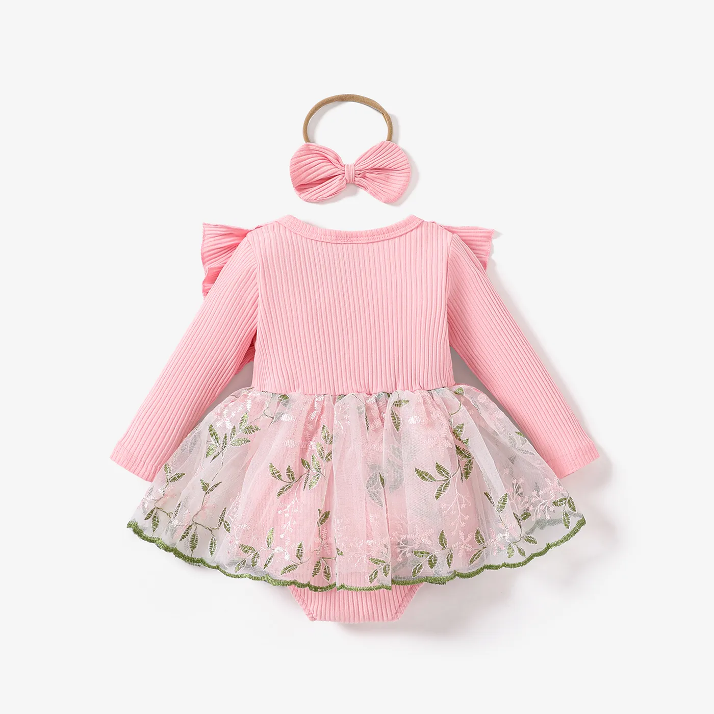 2pcs Baby Girl Sweet Fabric Stitching Long Sleeve Mesh Rompers Set Pink image 3