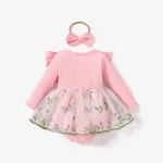 2pcs Baby Girl Sweet Fabric Stitching Long Sleeve Mesh Rompers Set Pink image 3