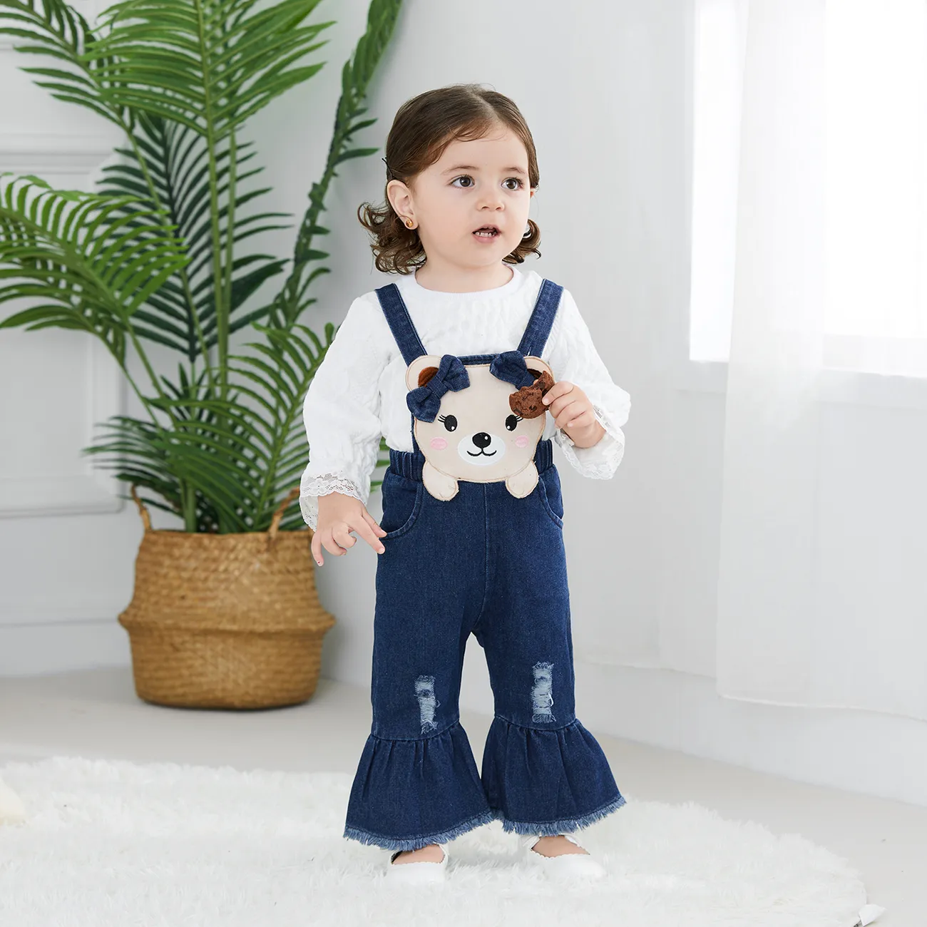 Baby Girl Ruffled Rib-knit Top and Denim 3D Bear Pattern Flared Overalls Set DeepBlue big image 1