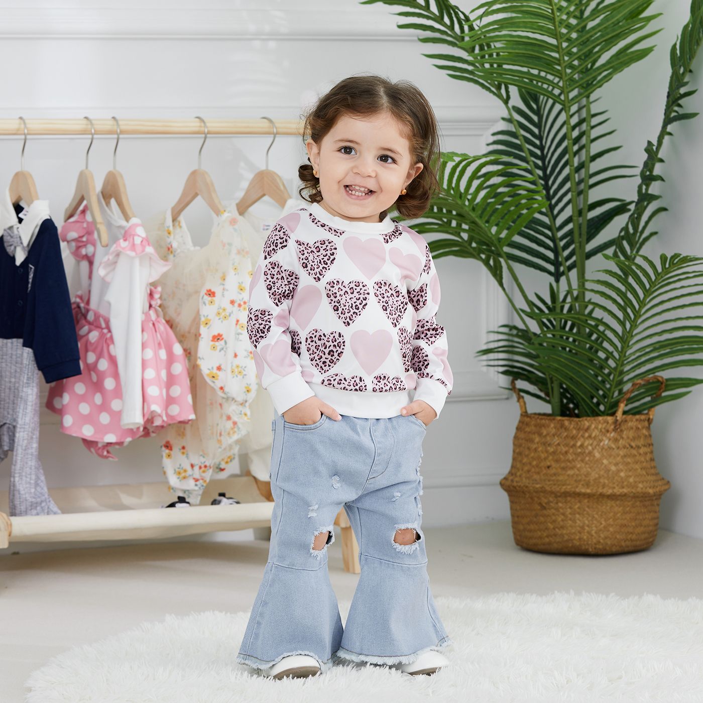 Baby Girl Childlike Animal Cat Pattern Sweater / Denim Ripped Flared Jeans