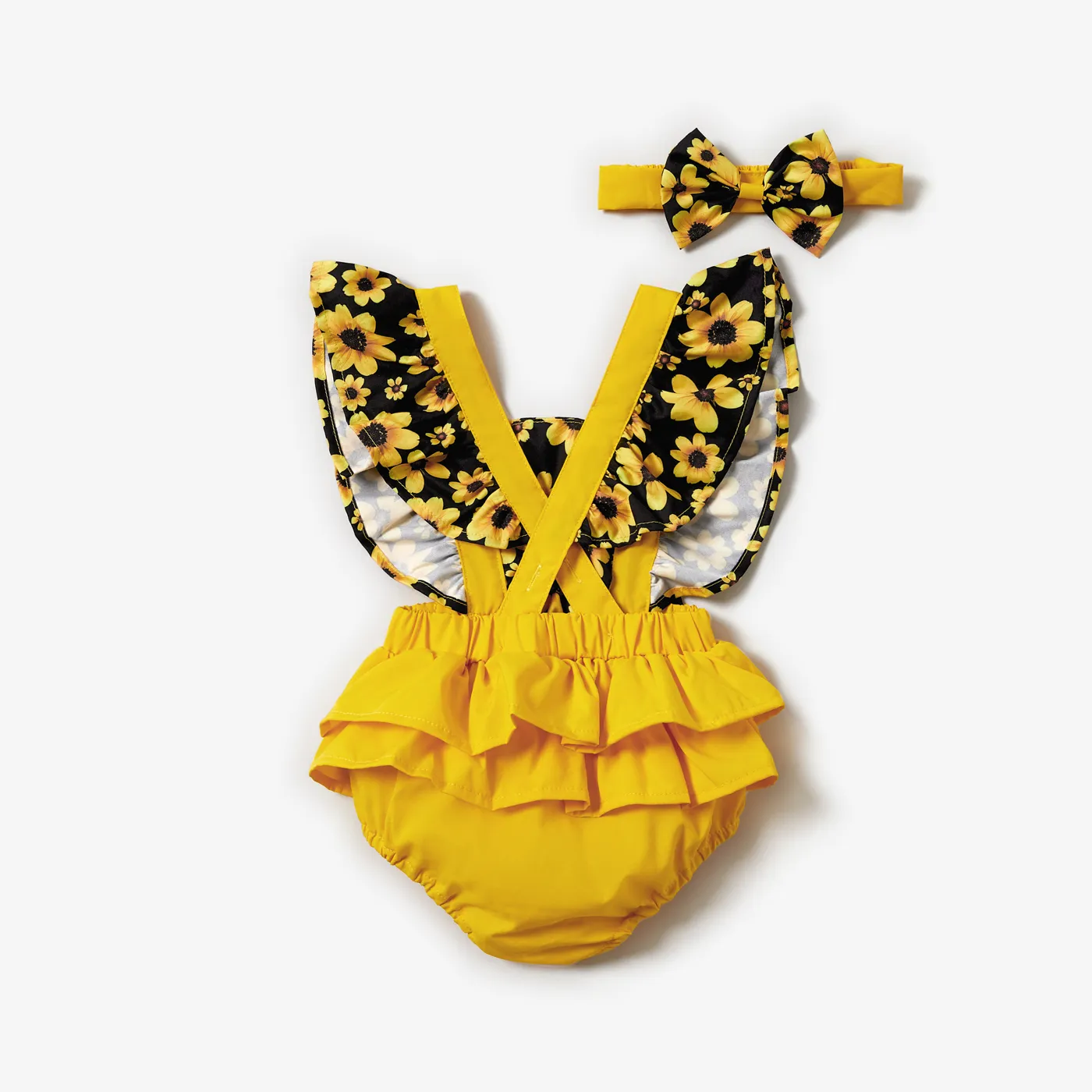 2pcs Baby Girl Sunflower Floral Print Splice Yellow Layered Sleeveless Ruffle Romper with Headband Set Yellow image 2