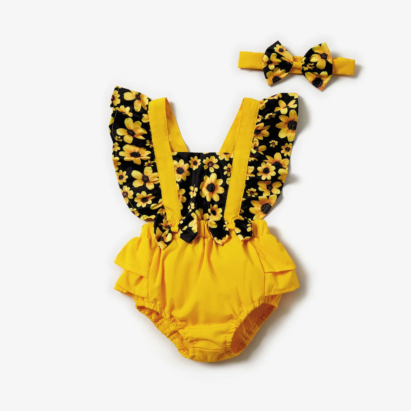 2pcs Baby Girl Sunflower Floral Print Splice Yellow Layered Sleeveless Ruffle Romper with Headband Set Yellow big image 1