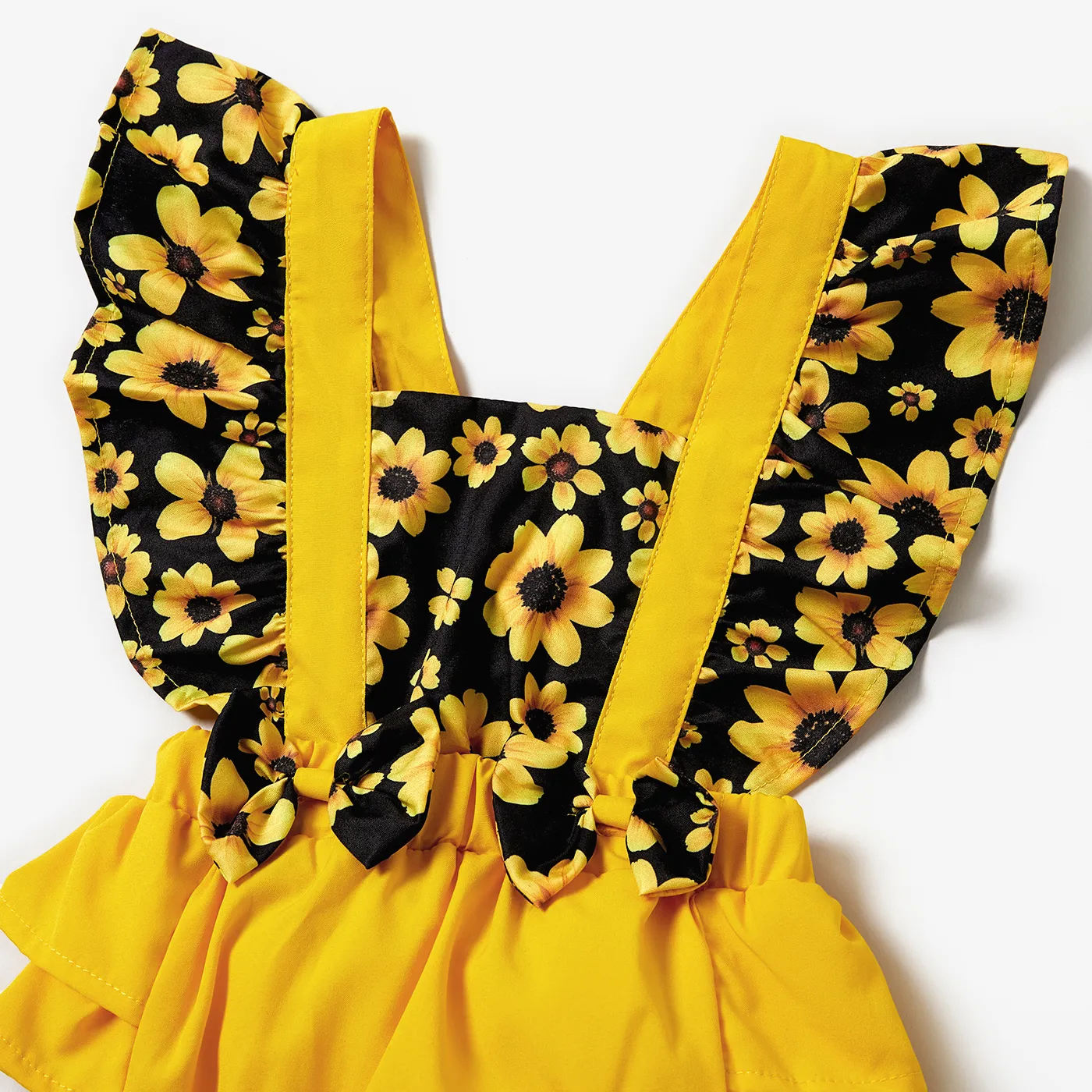 2pcs Baby Girl Sunflower Floral Print Splice Yellow Layered Sleeveless Ruffle Romper with Headband Set Yellow image 3