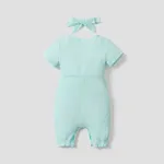 2pcs Baby Girl 100% Cotton Front Bow Decor Buttons Lace Ribbed Short-sleeve Jumpsuit and Headband Set  image 2