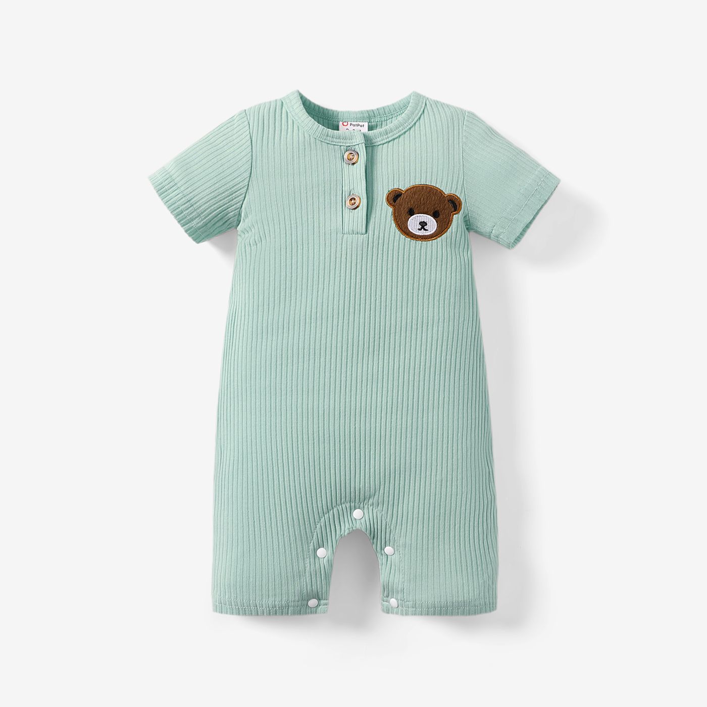 Baby Boy 95% Cotton Bear Embroidered Rib-Knit Henley Romper