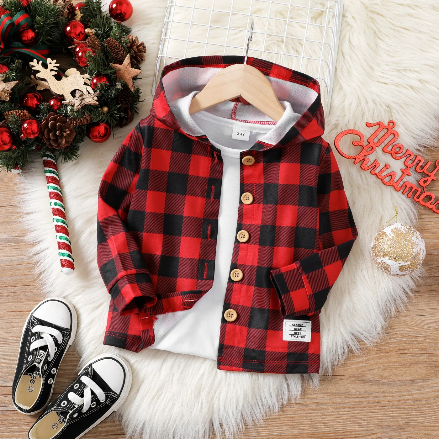 Toddler Boy/Girl Grid Hooded Jacket Red big image 1