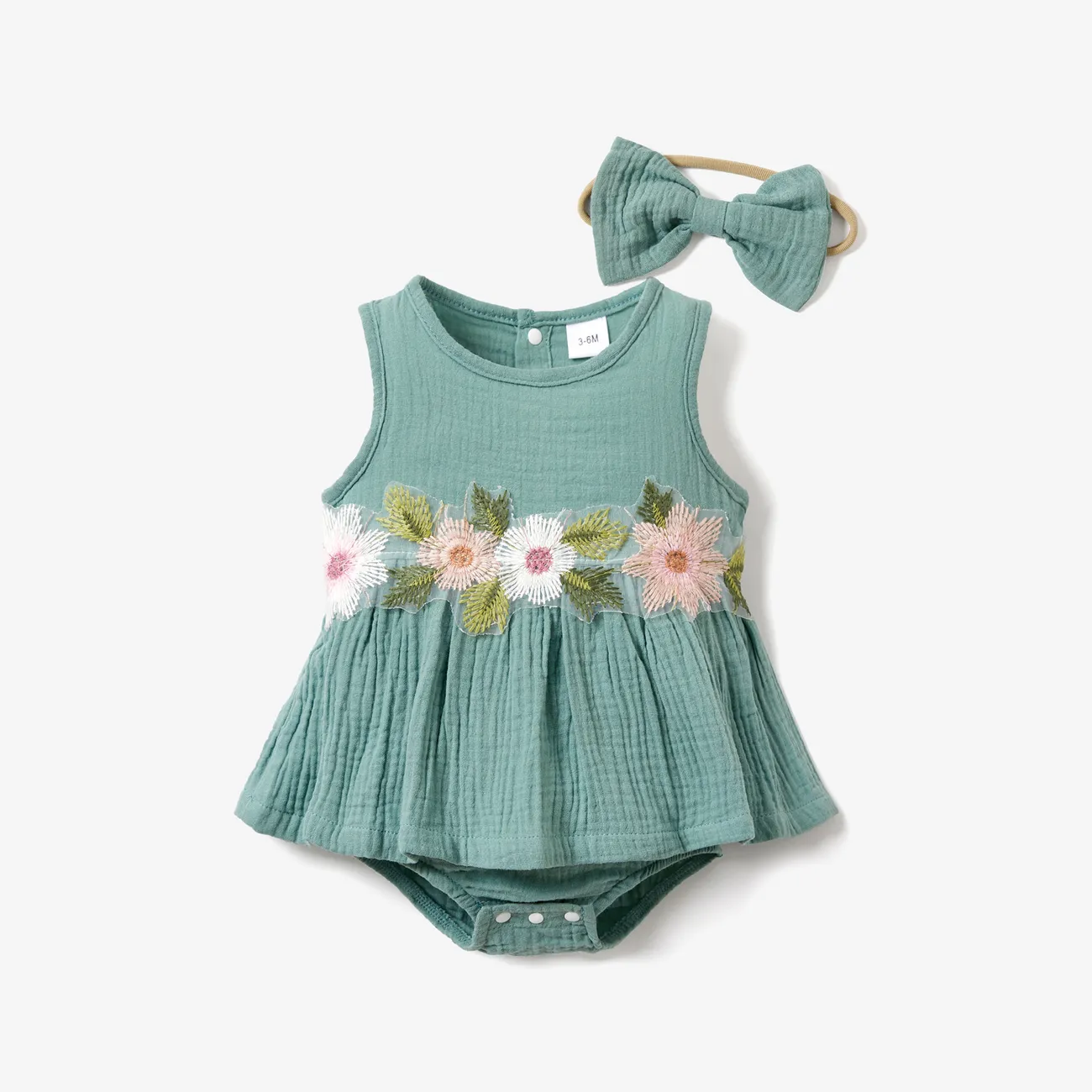 2pcs Baby Girl 95% Cotton Floral Decor Tank Romper with Hair Ties Set Green big image 1
