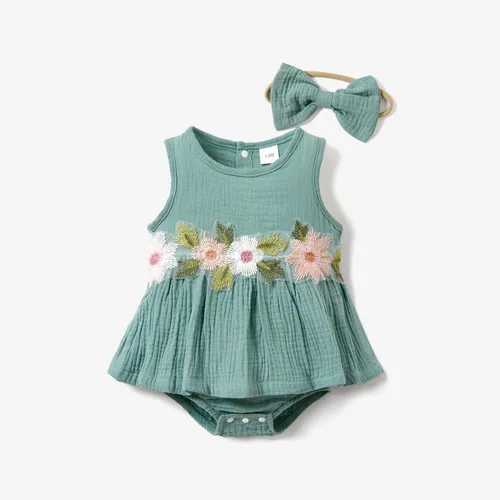 2pcs Baby Girl 95% Cotton Floral Decor Tank Romper with Hair Ties Set