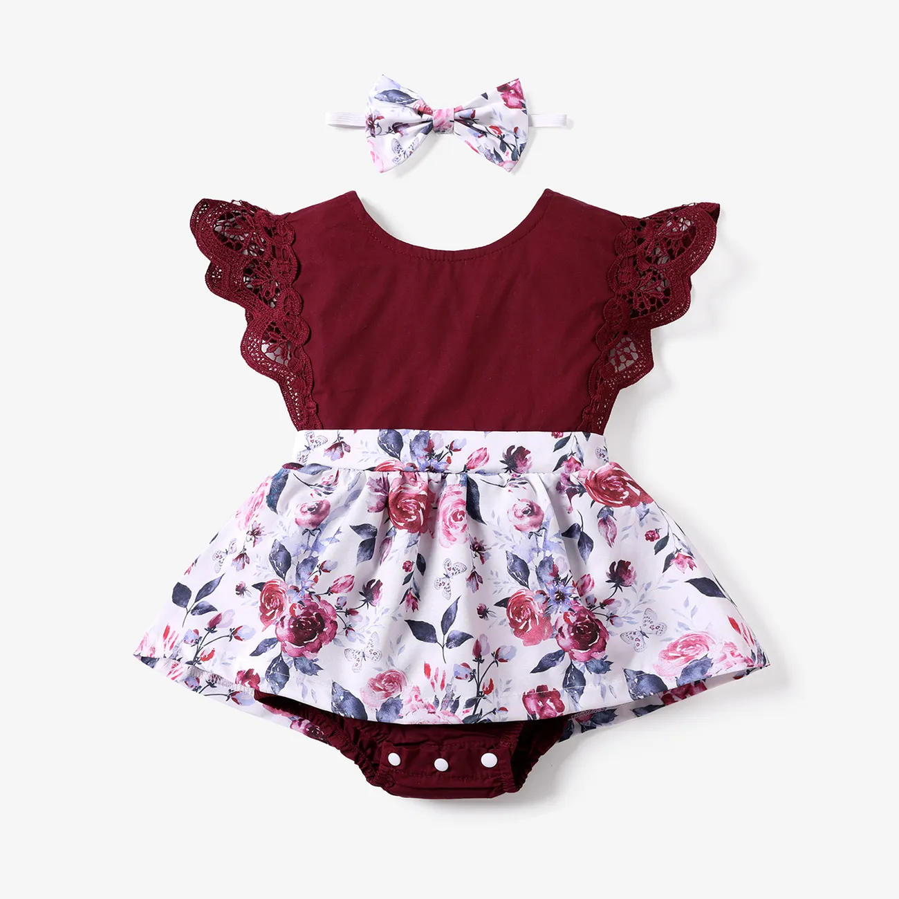 2pcs Baby Girl 95% Cotton Lace Flutter-sleeve Floral Print Romper with Headband Set Burgundy big image 1