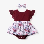 2pcs Baby Girl 95% Cotton Lace Flutter-sleeve Floral Print Romper with Headband Set Burgundy
