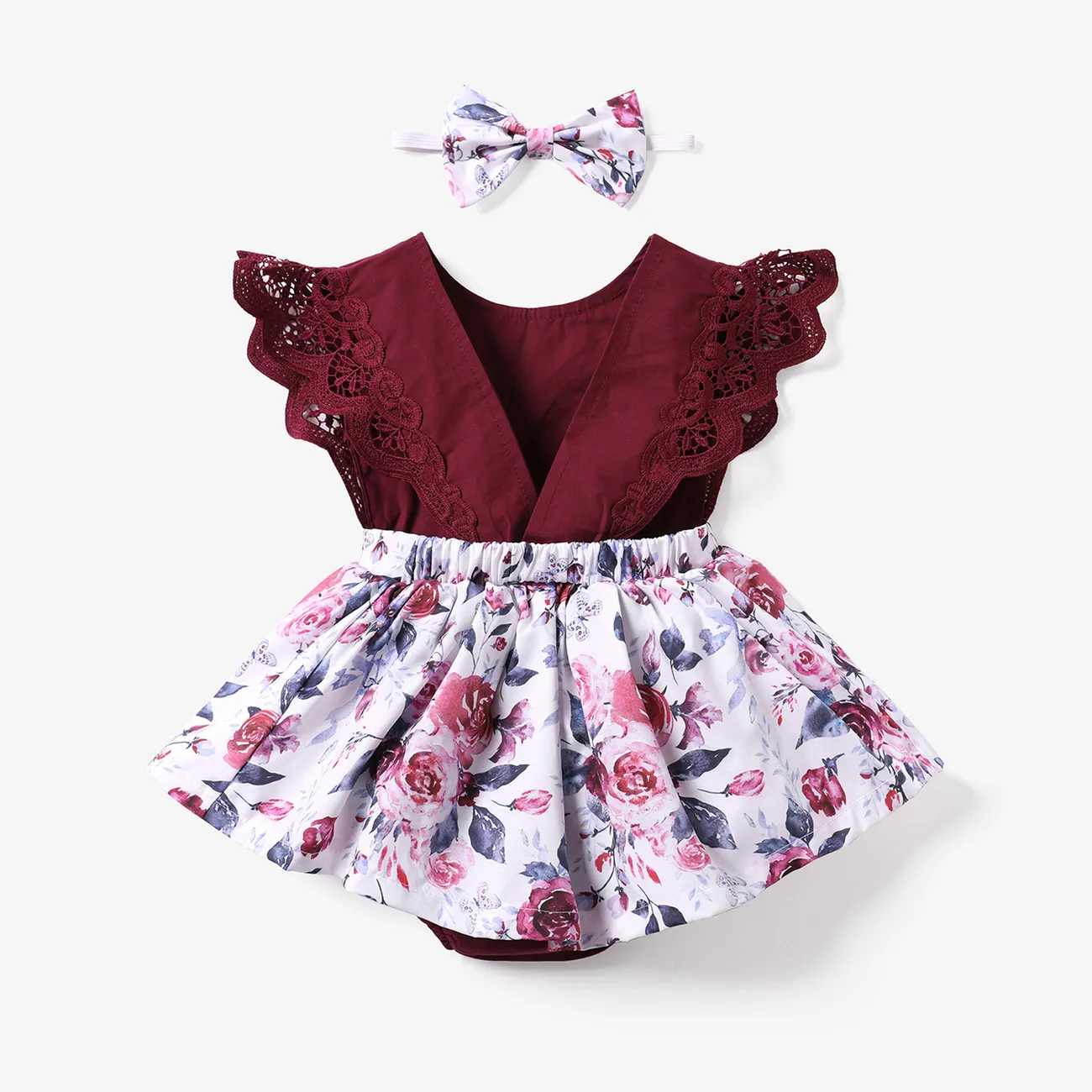2pcs Baby Girl 95% Cotton Lace Flutter-sleeve Floral Print Romper with Headband Set Burgundy big image 1