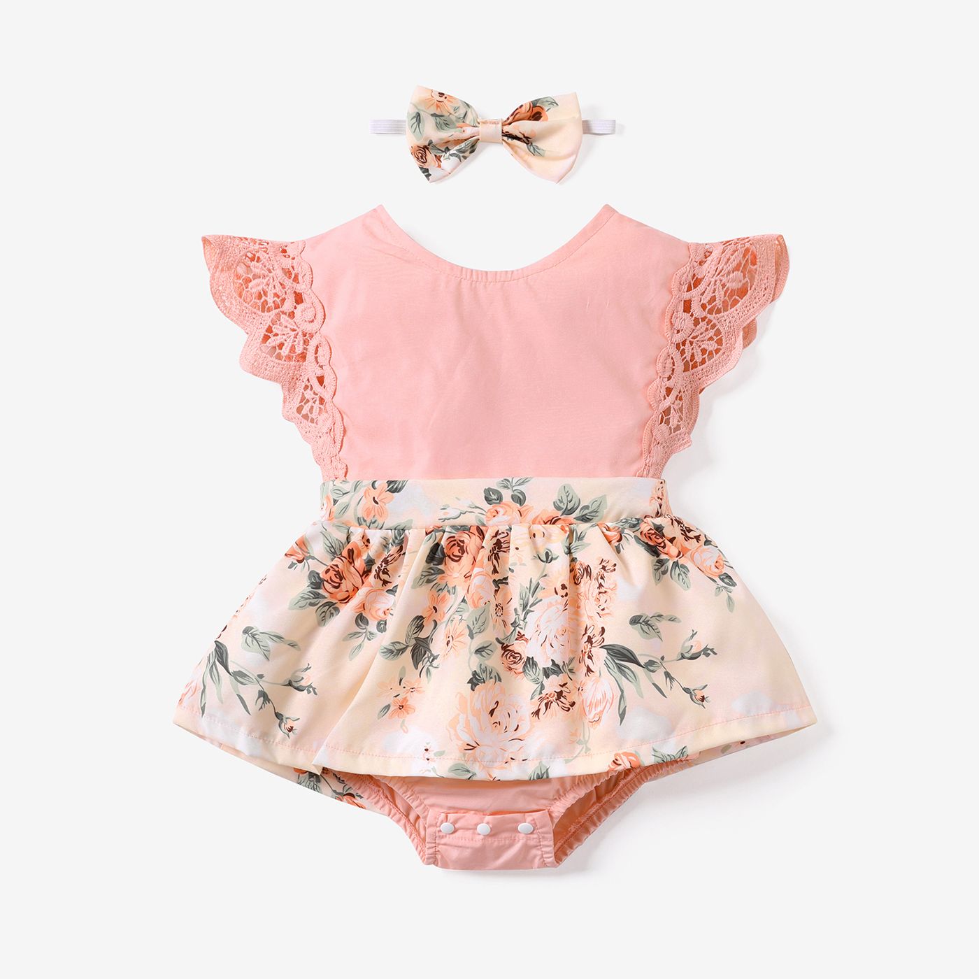 2pcs Baby Girl 95% Cotton Lace Flutter-sleeve Floral Print Romper With Headband Set