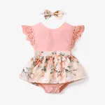 2pcs Baby Girl 95% Cotton Lace Flutter-sleeve Floral Print Romper with Headband Set Pink