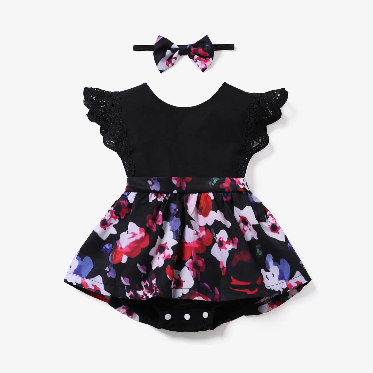 2pcs Baby Girl 95% Cotton Lace Flutter-sleeve Floral Print Romper with Headband Set Black big image 1