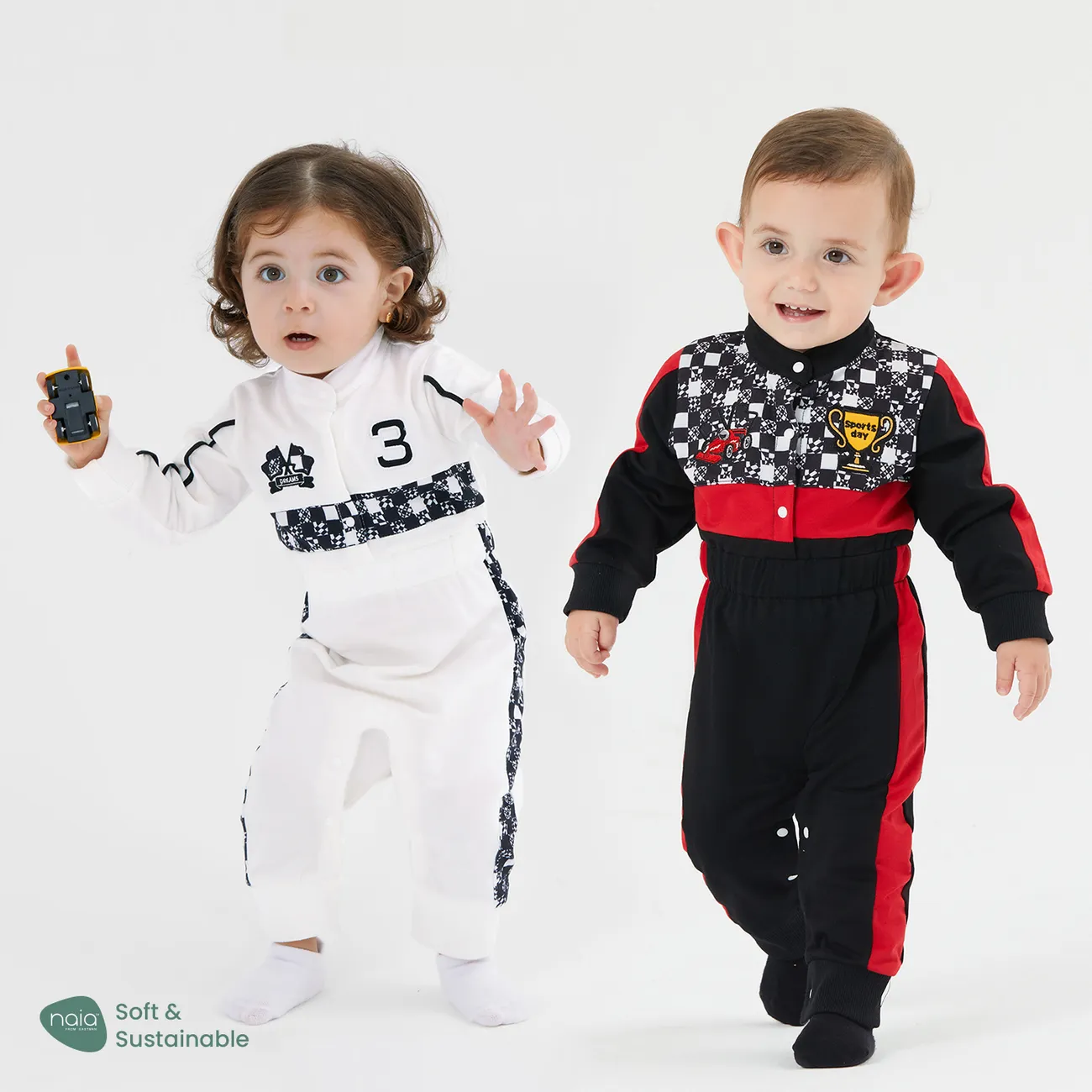Baby Boy/Girl Bold Color-blocking Sporty Grid/Houndstooth Jumpsuit  White big image 1