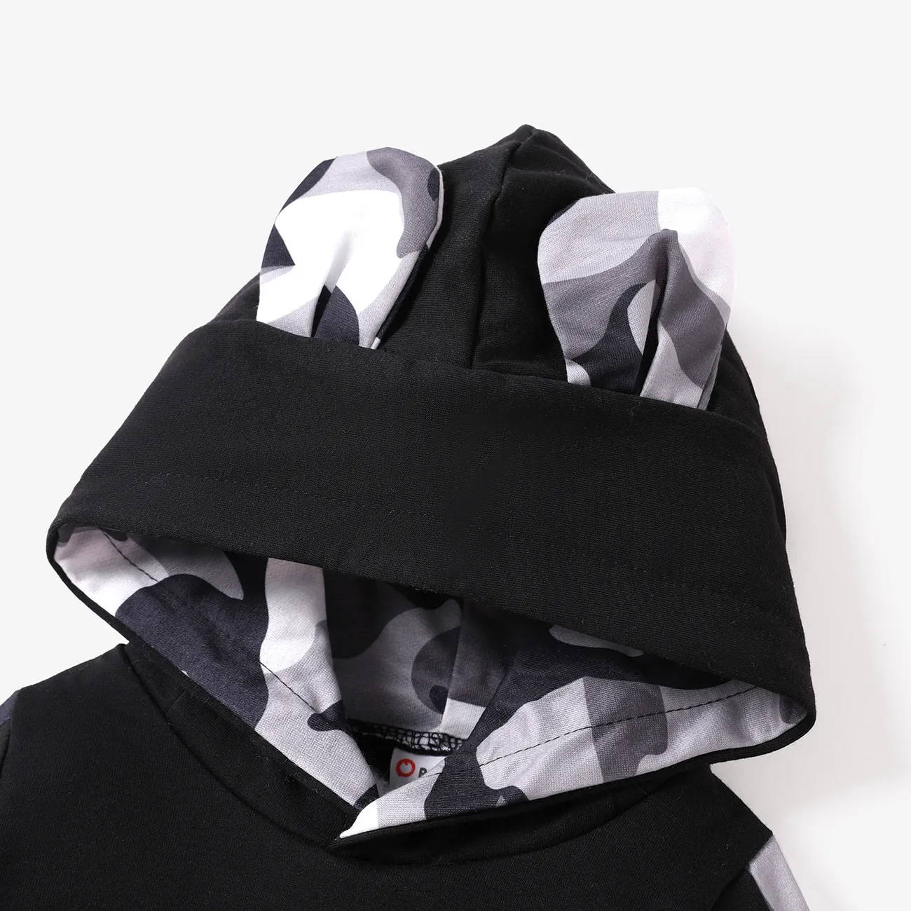 Baby Boy Letter Print 3D Ears Detail Camouflage Lined Hooded Fleece Spliced Long-sleeve Jumpsuit Black big image 1