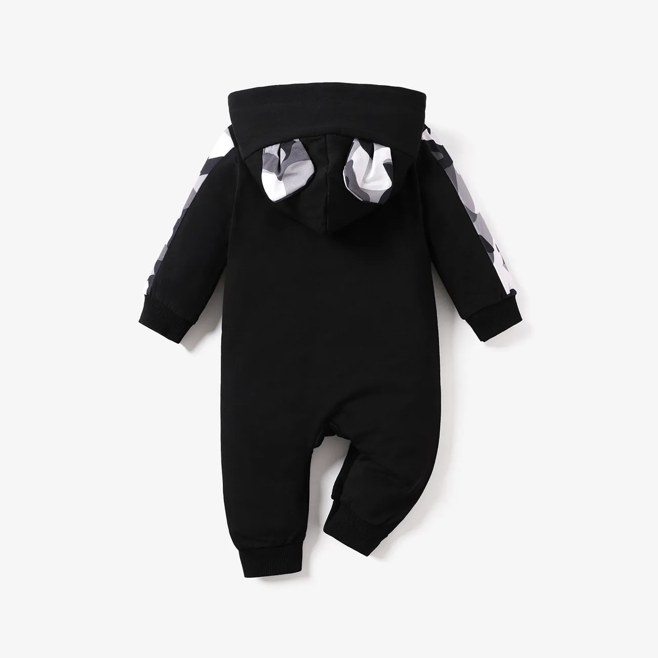 Baby Boy Letter Print 3D Ears Detail Camouflage Lined Hooded Fleece Spliced Long-sleeve Jumpsuit Black big image 1