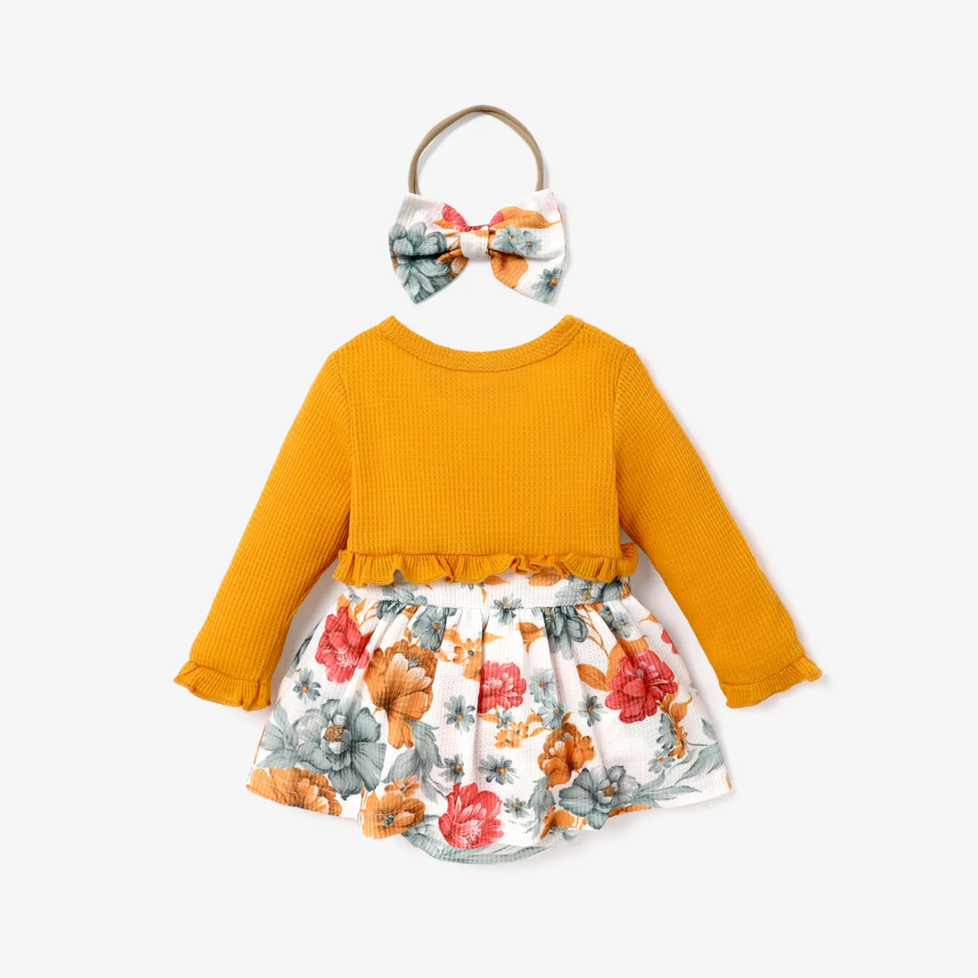 2-piece Baby Girl Ruffled Floral Print Faux-two Long-sleeve Romper and Headband set  image 3
