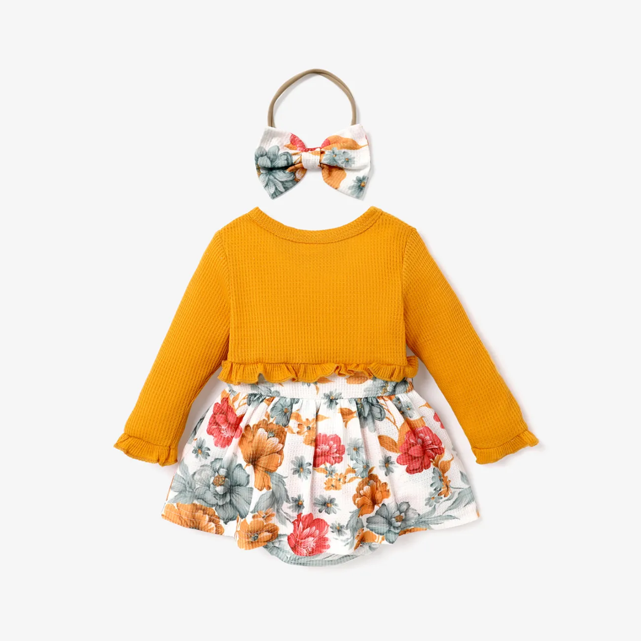 2-piece Baby Girl Ruffled Floral Print Faux-two Long-sleeve Romper and Headband set Yellow big image 1