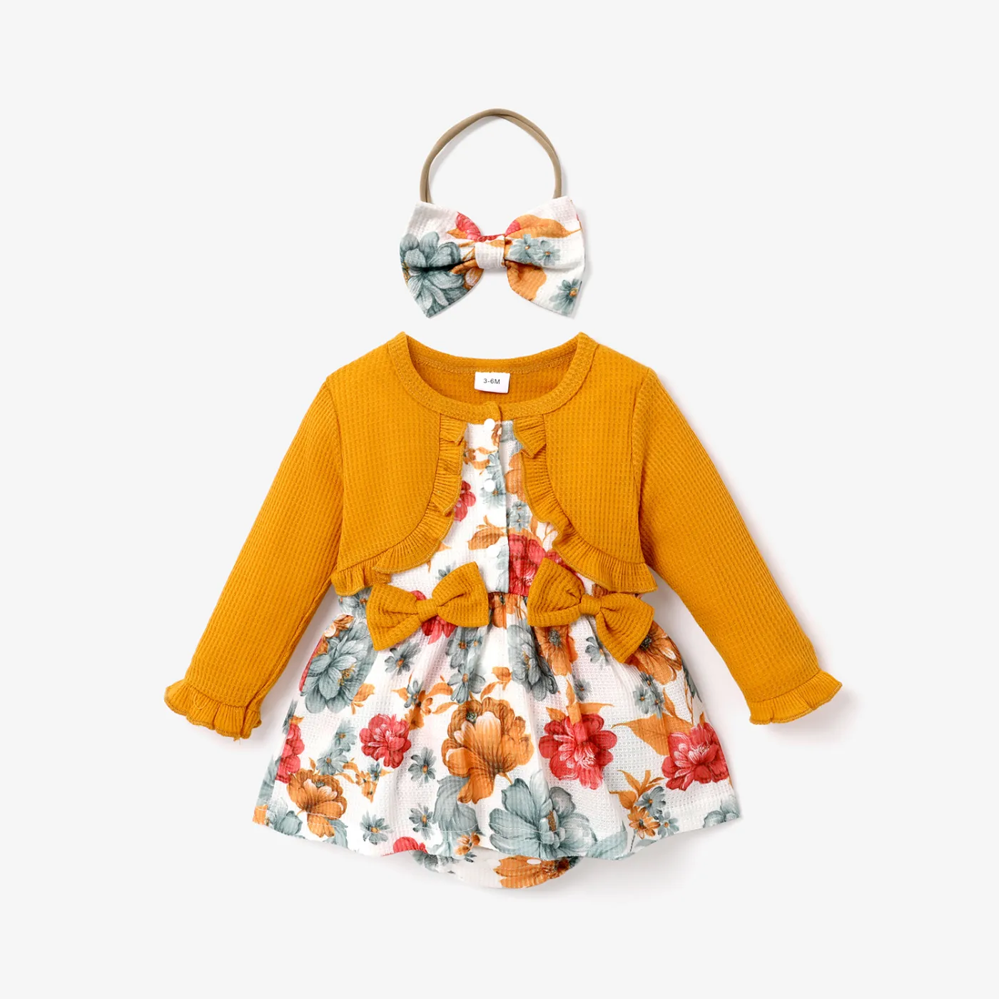2-piece Baby Girl Ruffled Floral Print Faux-two Long-sleeve Romper and Headband set  big image 1
