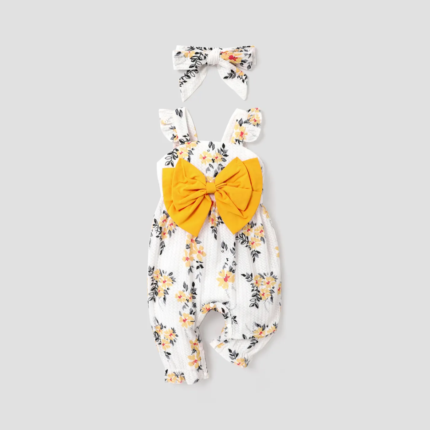 Baby Girl Floral Print Bow Decor Jumpsuit with Headband Yellow big image 1