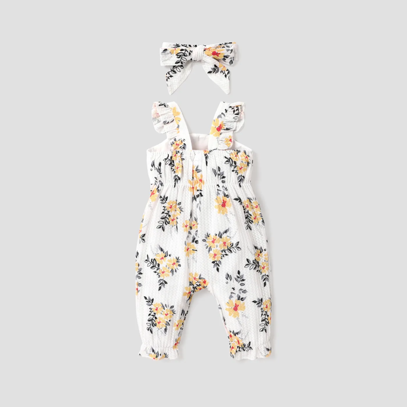 Baby Girl Floral Print Bow Decor Jumpsuit with Headband Yellow image 2