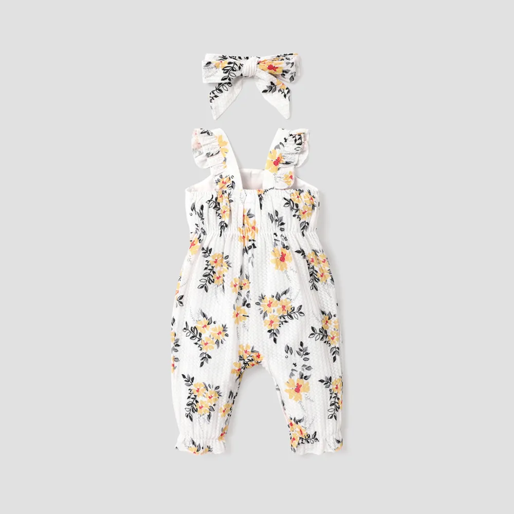 Baby Girl Floral Print Bow Decor Jumpsuit with Headband  big image 2