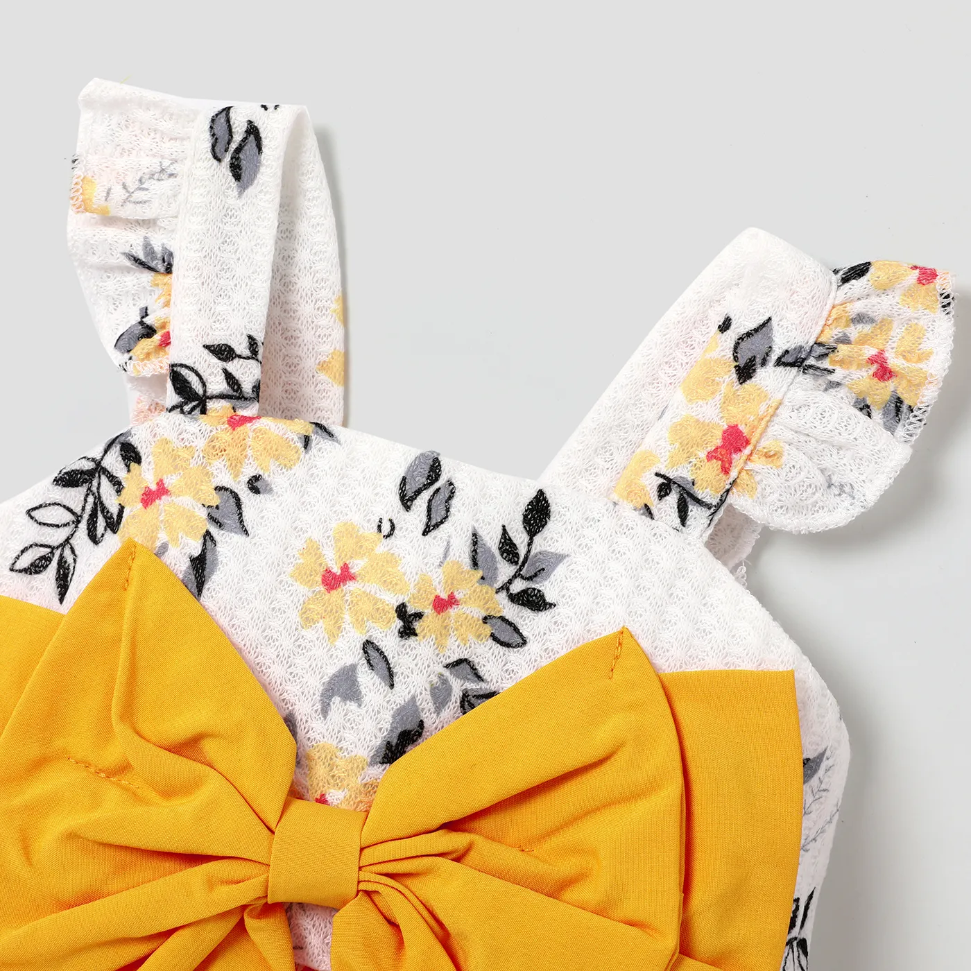 Baby Girl Floral Print Bow Decor Jumpsuit with Headband Yellow image 3