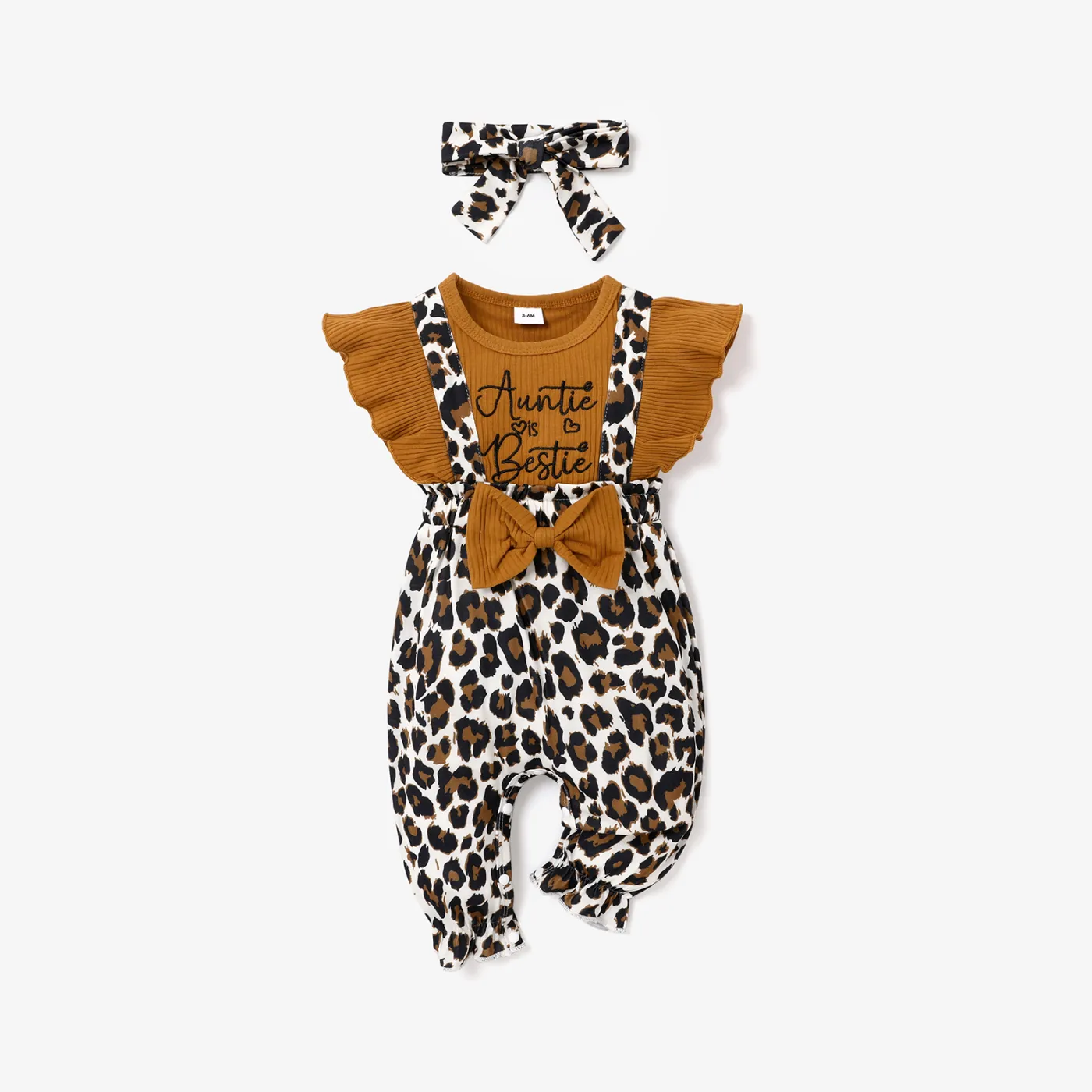 2pcs Baby Girl 95% Cotton Ribbed Ruffle-sleeve Bowknot Letter Embroidered Faux-two Leopard Jumpsuit with Headband Set Khaki