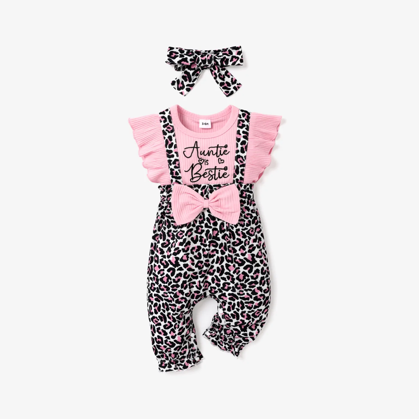 

2pcs Baby Girl 95% Cotton Ribbed Ruffle-sleeve Bowknot Letter Embroidered Faux-two Leopard Jumpsuit with Headband Set