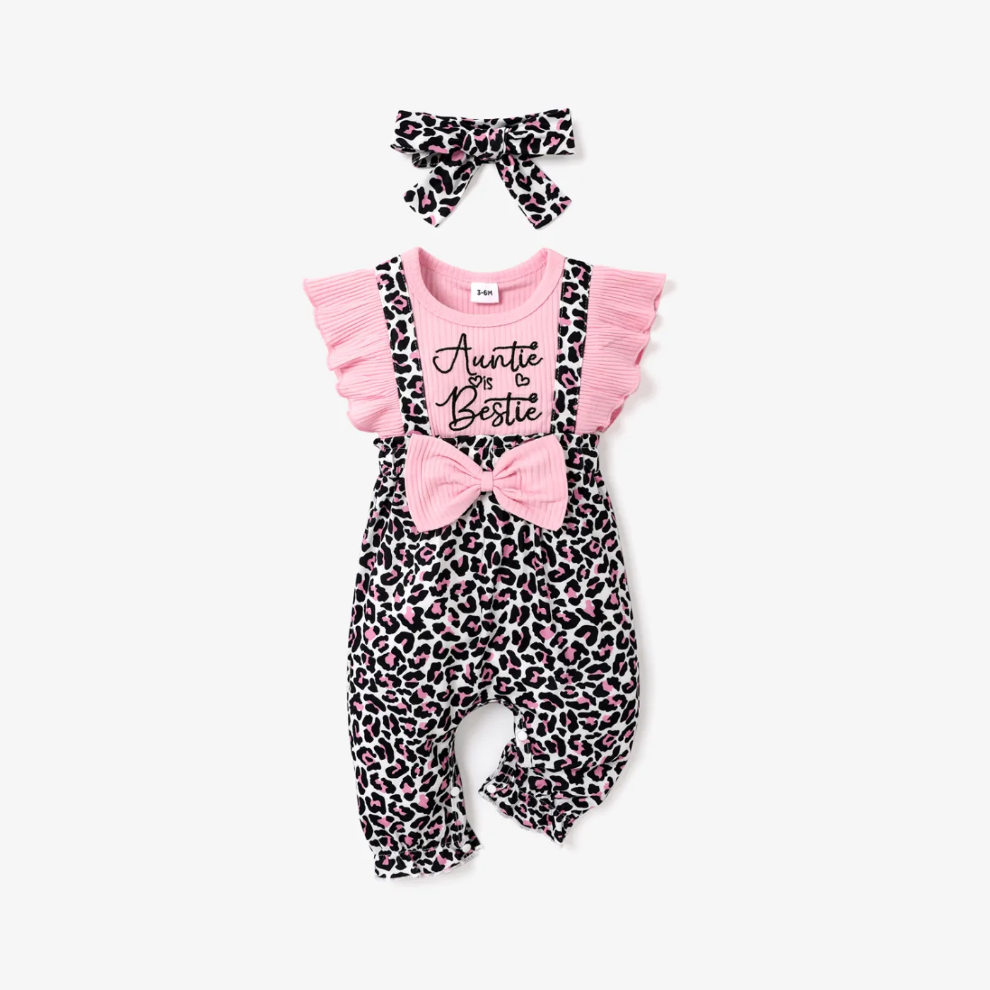 2pcs Baby Girl 95% Cotton Ribbed Ruffle-sleeve Bowknot Letter Embroidered Faux-two Leopard Jumpsuit with Headband Set Light Pink big image 1