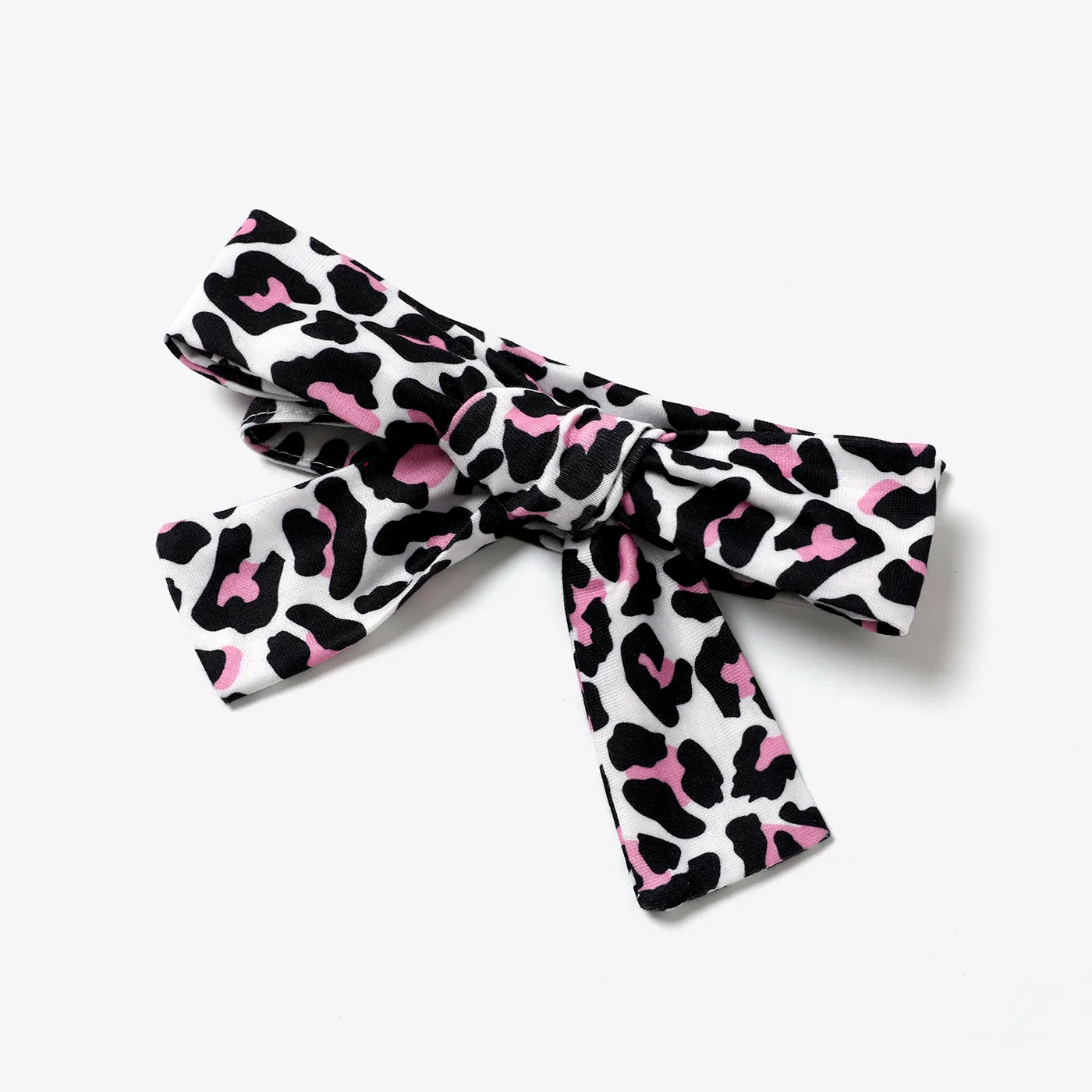 2pcs Baby Girl 95% Cotton Ribbed Ruffle-sleeve Bowknot Letter Embroidered Faux-two Leopard Jumpsuit with Headband Set Light Pink image 3