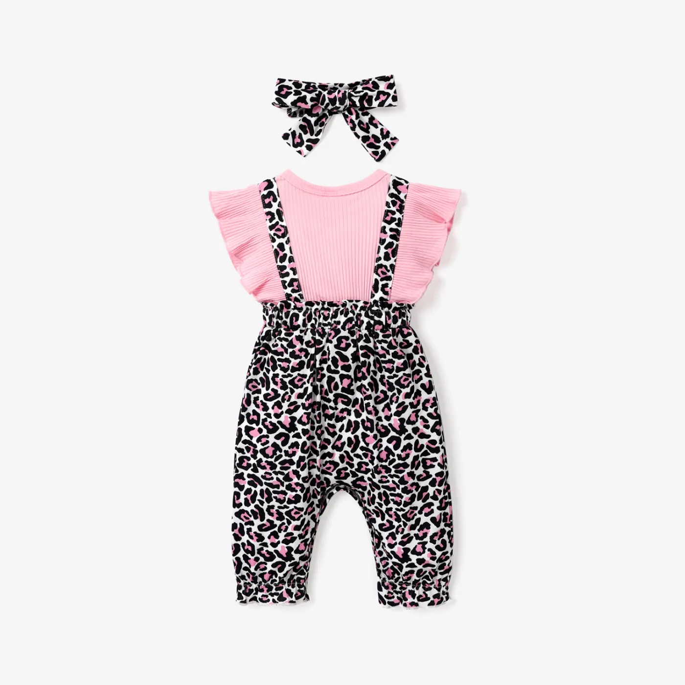 2pcs Baby Girl 95% Cotton Ribbed Ruffle-sleeve Bowknot Letter Embroidered Faux-two Leopard Jumpsuit with Headband Set Light Pink image 2