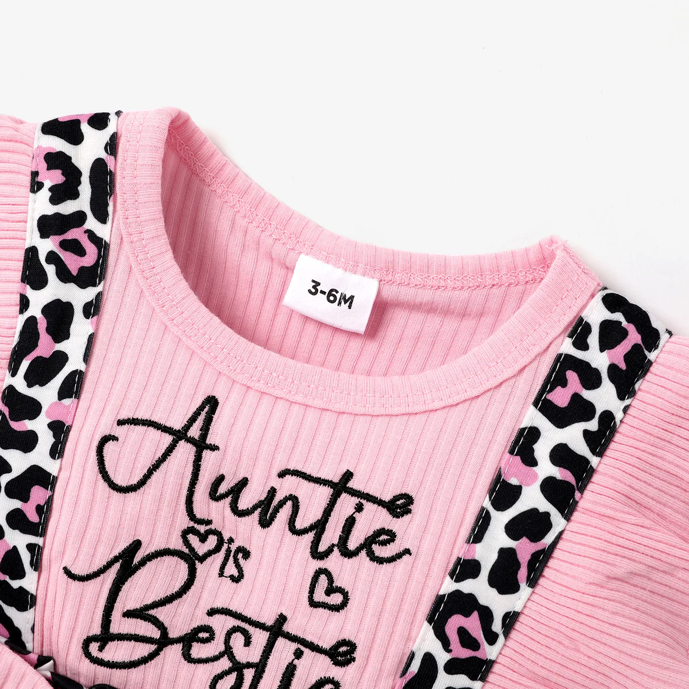 2pcs Baby Girl 95% Cotton Ribbed Ruffle-sleeve Bowknot Letter Embroidered Faux-two Leopard Jumpsuit with Headband Set Light Pink image 4