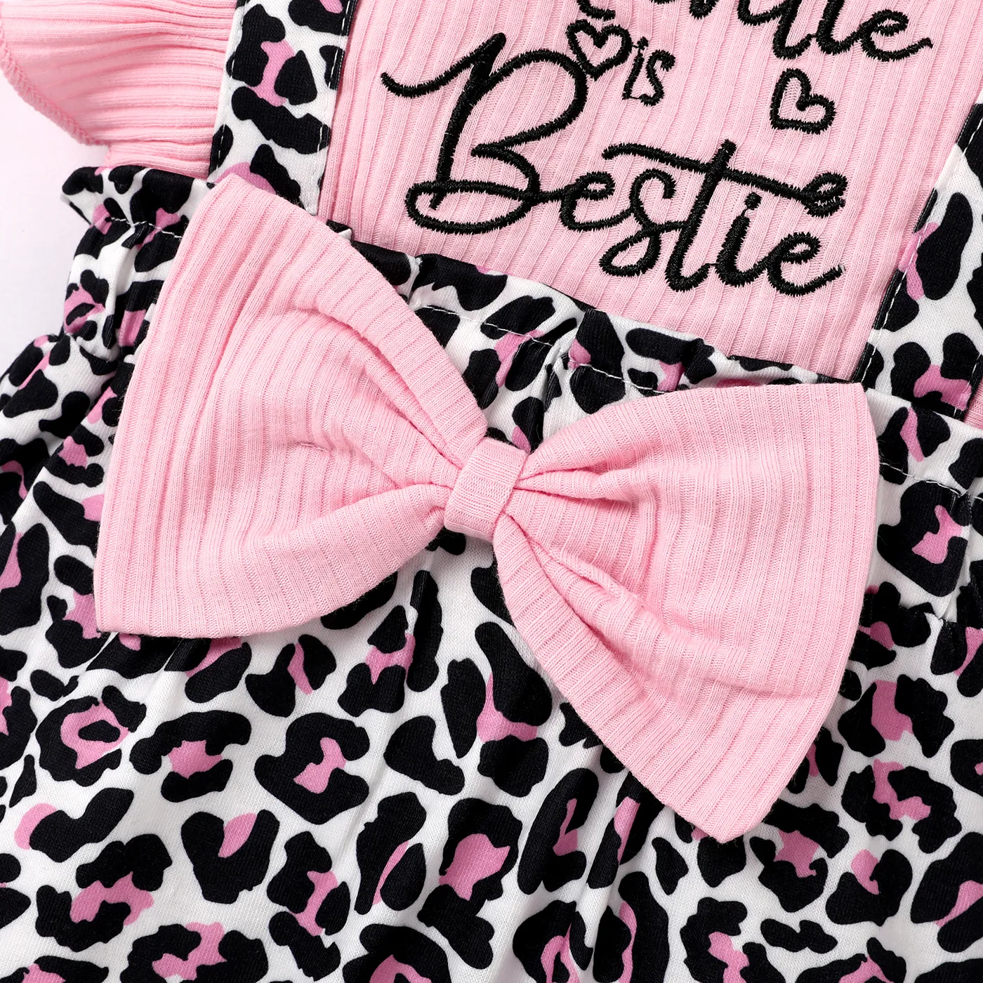 2pcs Baby Girl 95% Cotton Ribbed Ruffle-sleeve Bowknot Letter Embroidered Faux-two Leopard Jumpsuit with Headband Set Light Pink image 5