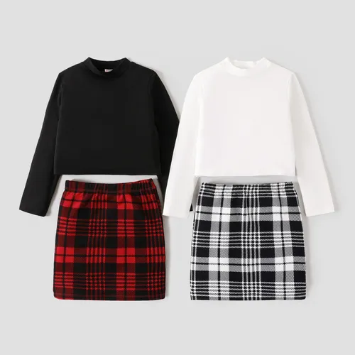 Kid Girl Stand Collar Grid/Houndstooth Skirt Suit