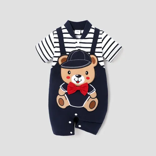 Baby Boy Cute Bear Graphic Stripe Panel Short-sleeve Jumpsuit