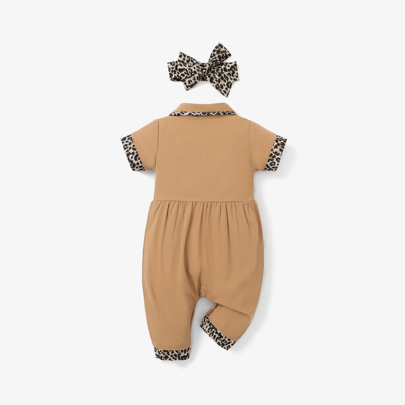 Bebé Menina Bolso cosido Padrão de leopardo Casual Manga curta Macacão Cor de Caqui image 2