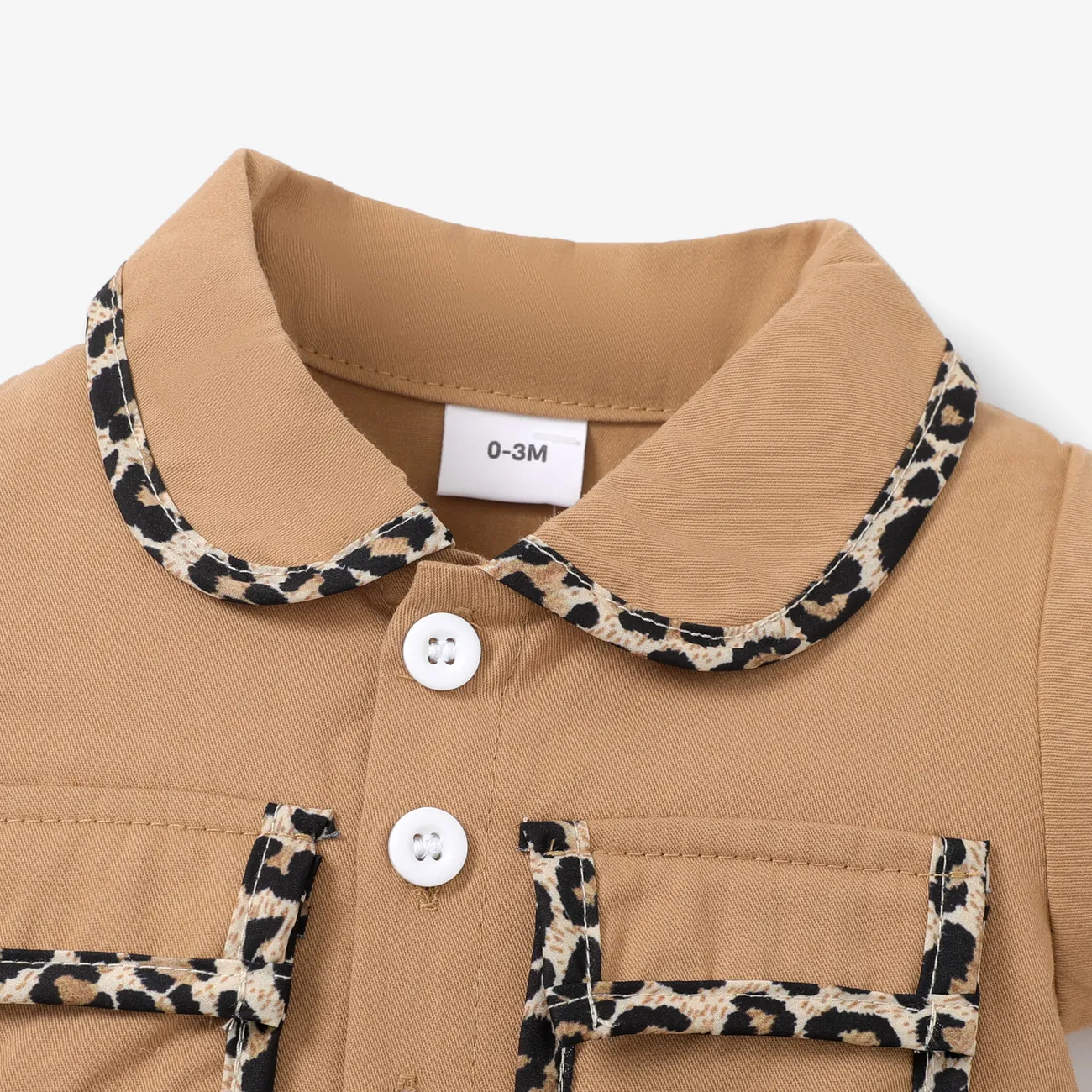 100% Cotton 2pcs Baby Girl Leopard Splicing Peter Pan Collar Short-sleeve Jumpsuit with Headband Set Khaki big image 1