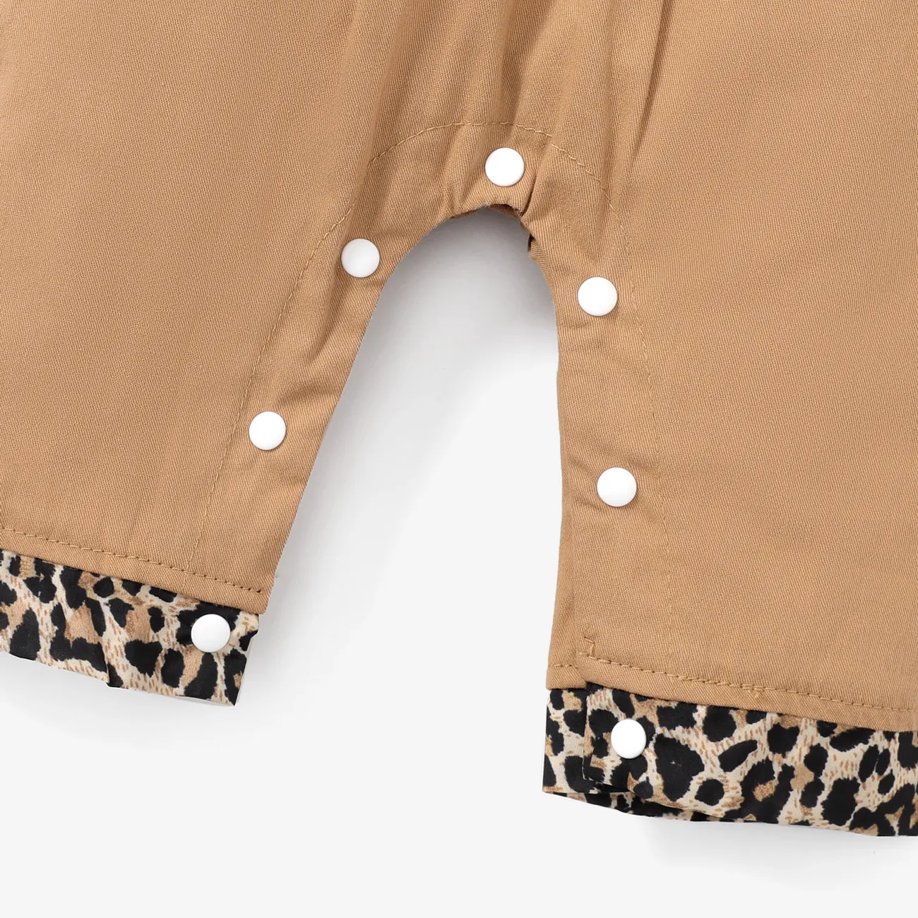 100% Cotton 2pcs Baby Girl Leopard Splicing Peter Pan Collar Short-sleeve Jumpsuit with Headband Set Khaki big image 1