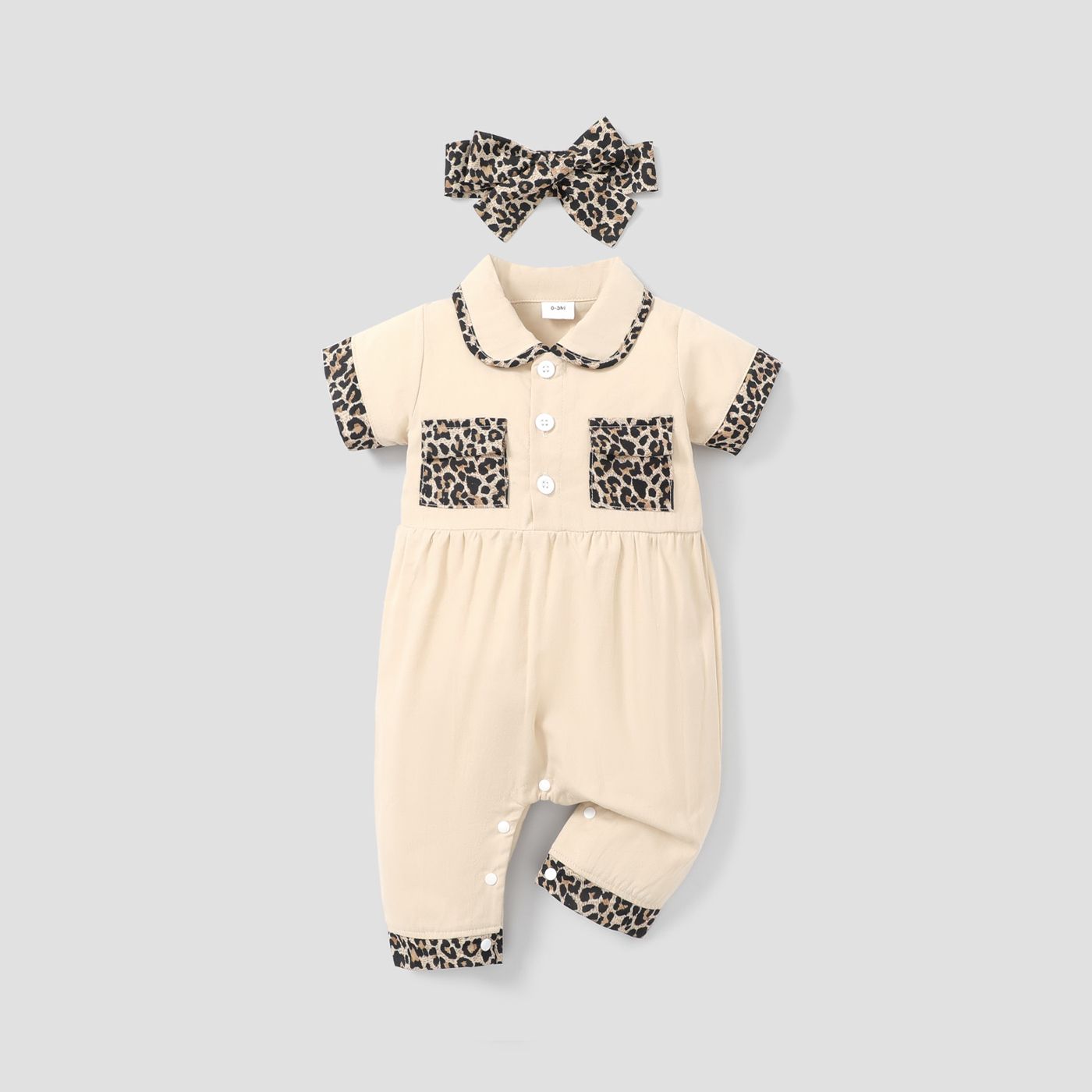 100% Cotton 2pcs Baby Girl Leopard Splicing Peter Pan Collar Short-sleeve Jumpsuit with Headband Set