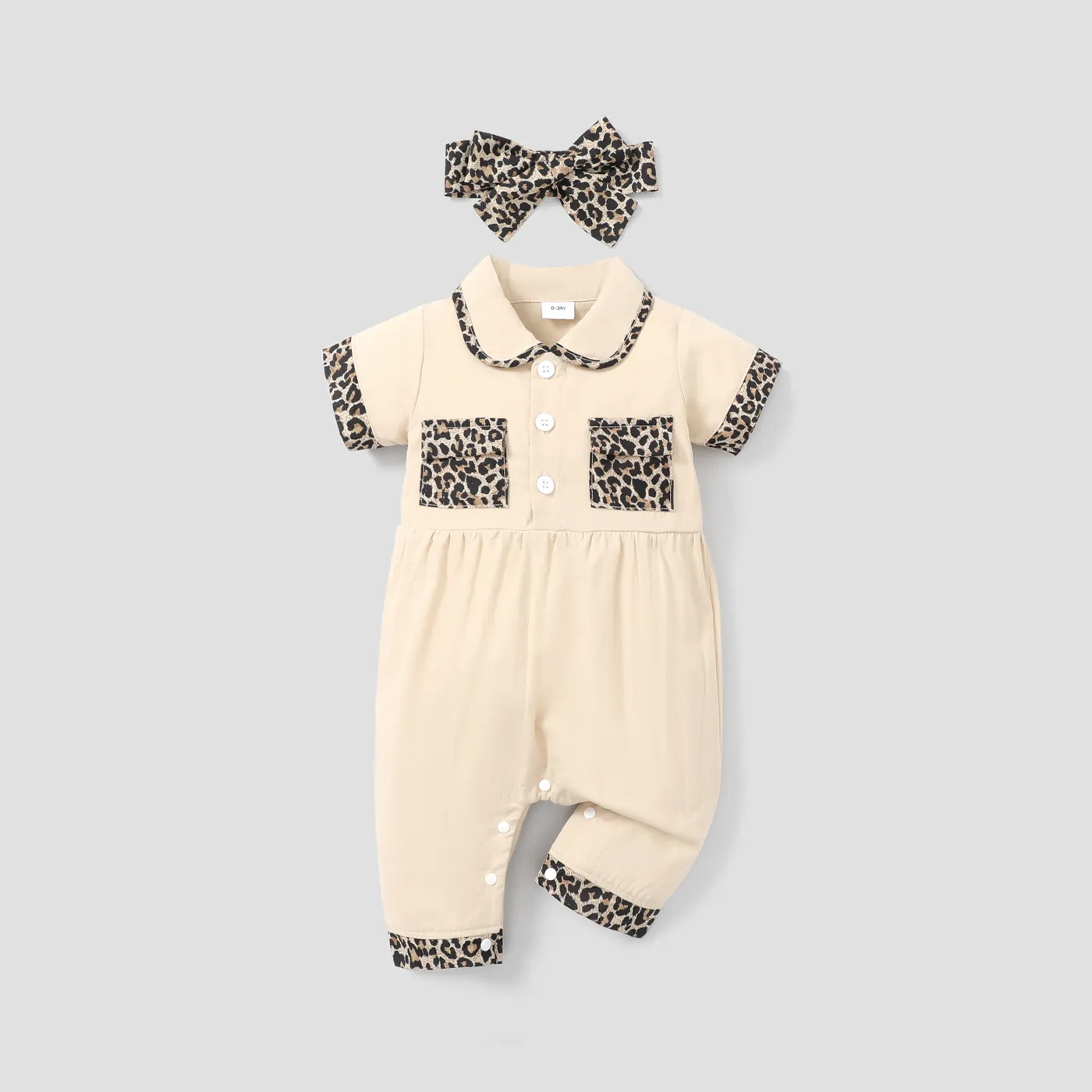Bebé Menina Bolso cosido Padrão de leopardo Casual Manga curta Macacão Cor de Damasco