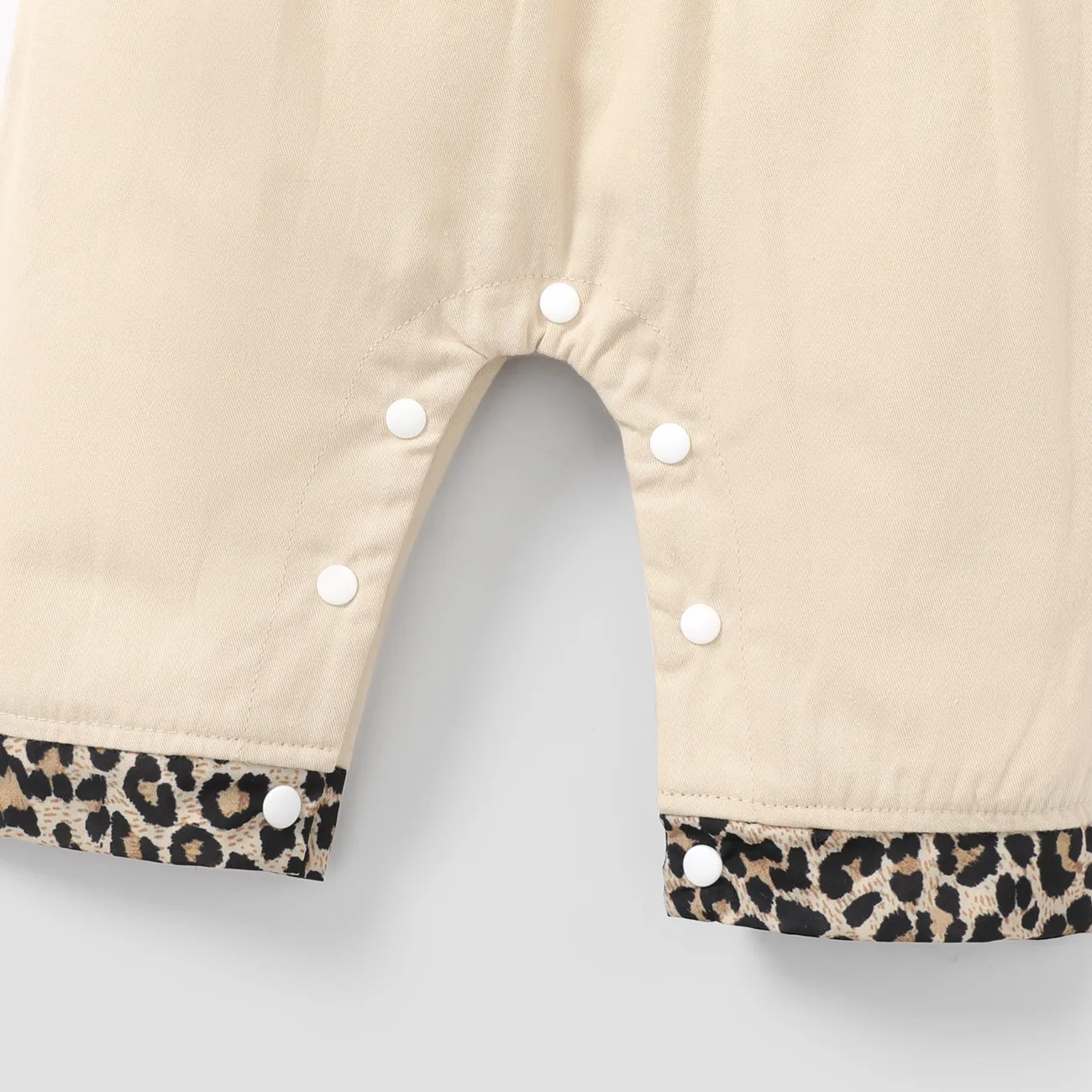 100% Cotton 2pcs Baby Girl Leopard Splicing Peter Pan Collar Short-sleeve Jumpsuit with Headband Set Apricot big image 1