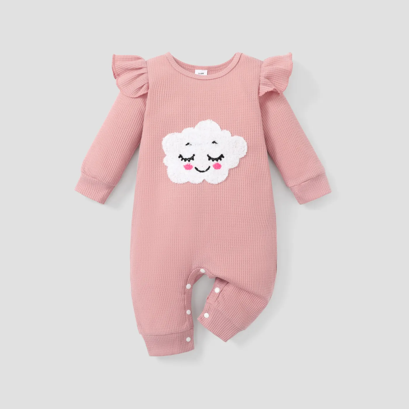 Baby Girl Embroidered Detail Ruffle Trim Long-sleeve Waffle Jumpsuit  big image 1