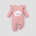 Baby Girl Embroidered Detail Ruffle Trim Long-sleeve Waffle Jumpsuit Pink