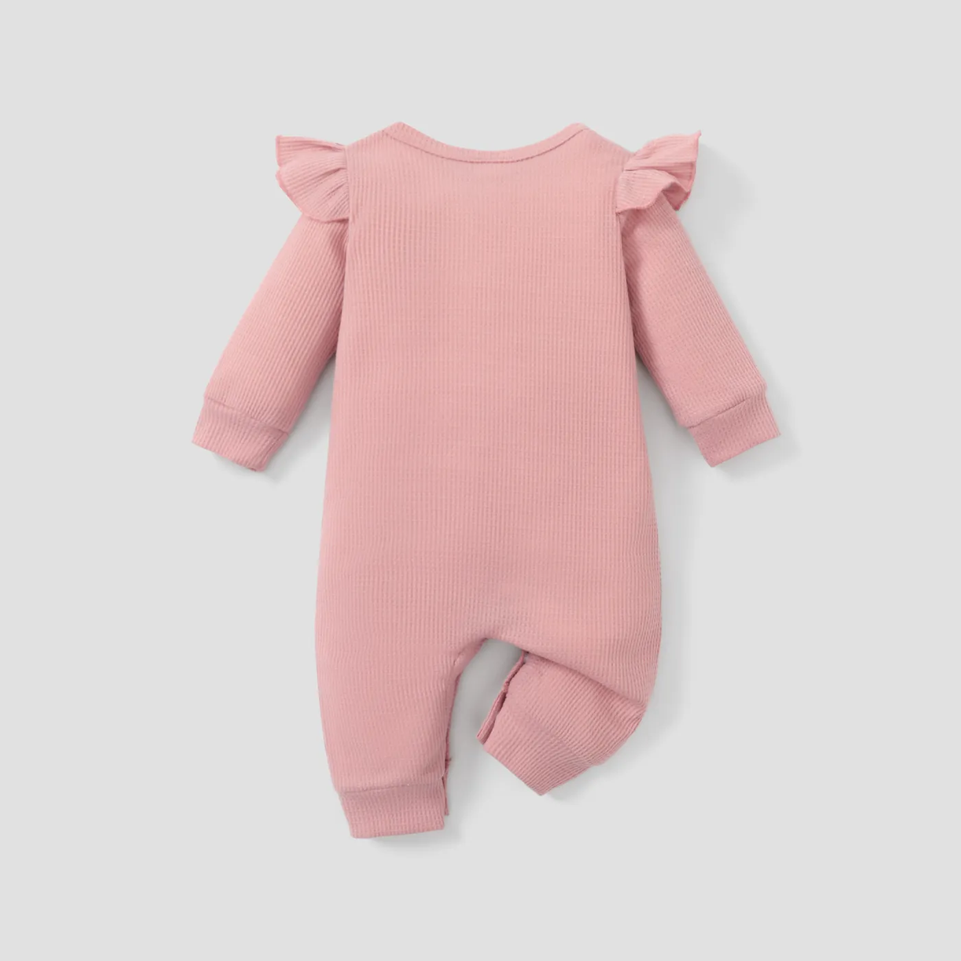 Baby Girl Embroidered Detail Ruffle Trim Long-sleeve Waffle Jumpsuit  image 2