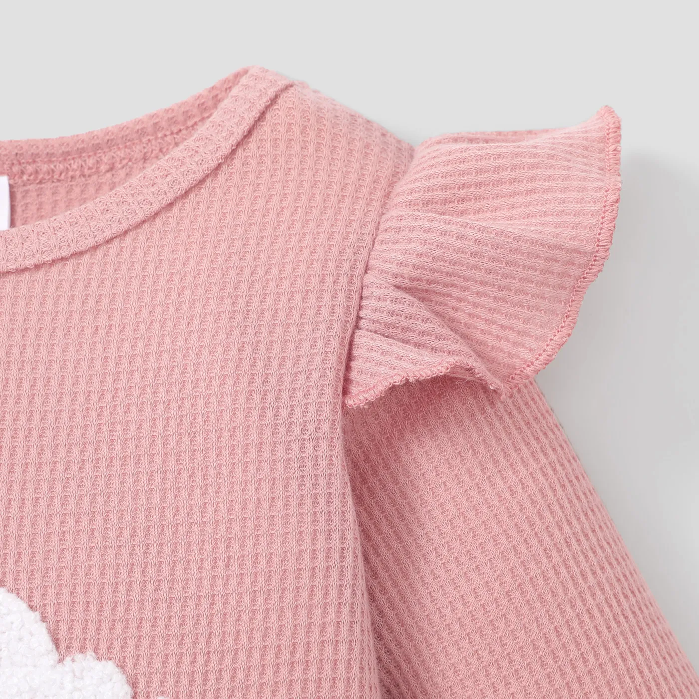 Baby Girl Embroidered Detail Ruffle Trim Long-sleeve Waffle Jumpsuit  image 3