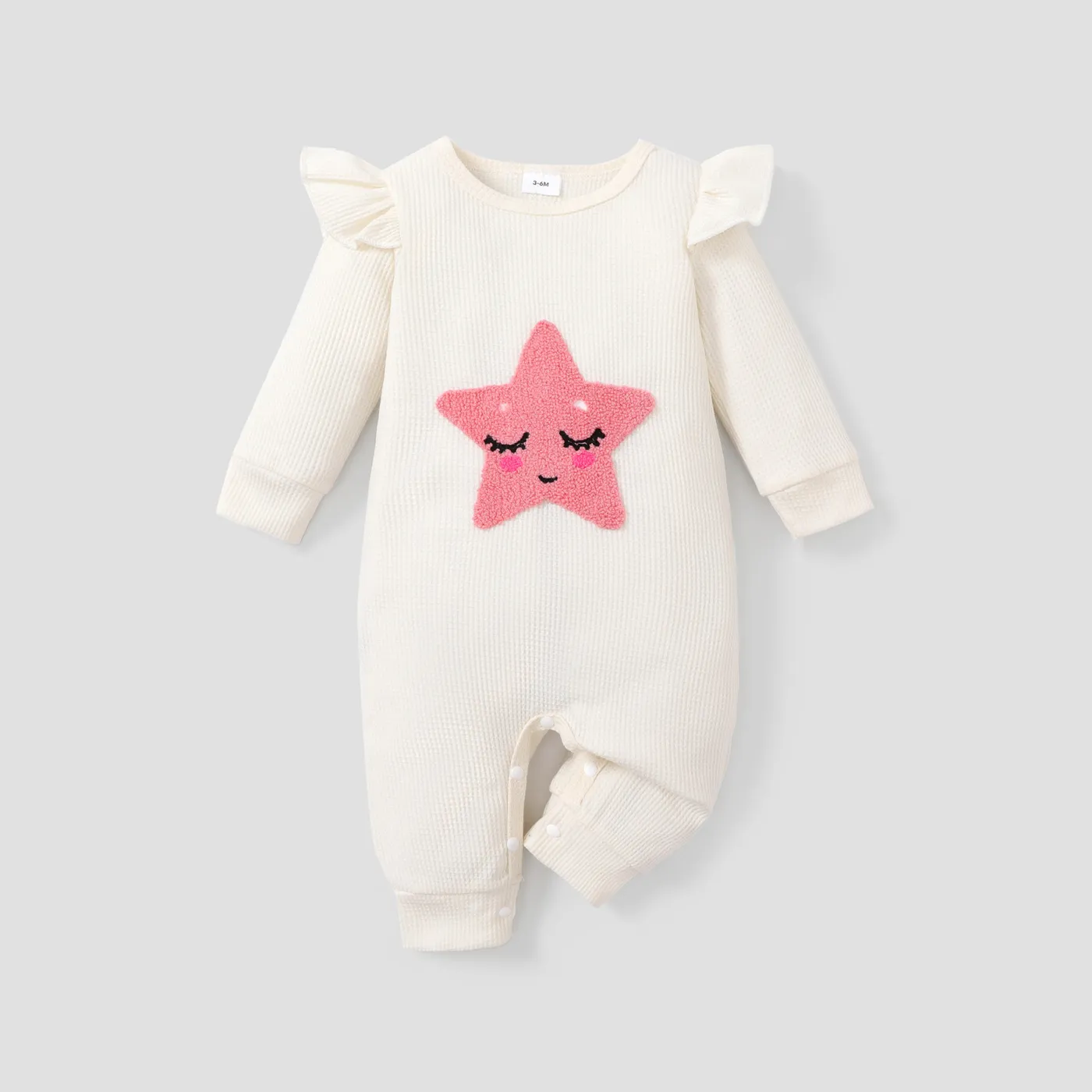 Baby Girl Embroidered Detail Ruffle Trim Long-sleeve Waffle Jumpsuit White