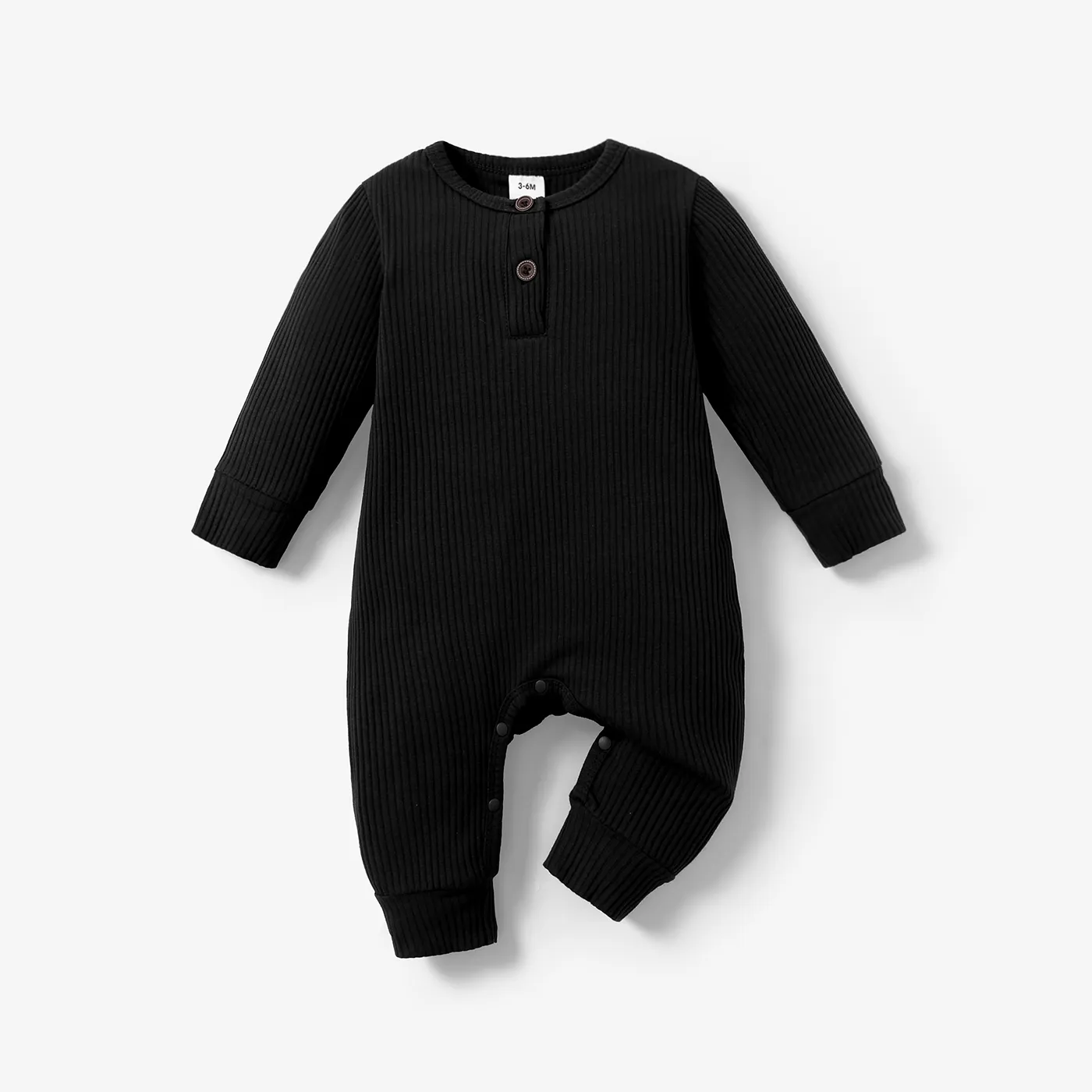Baby Boy/Girl 95% Cotton Ribbed Long-sleeve Button Up Jumpsuit Black